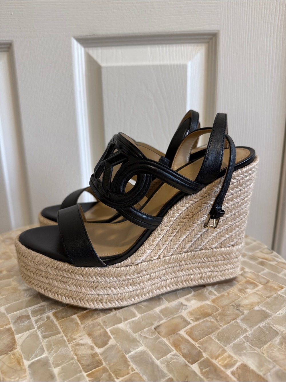 Black Leather Espadrille Wedge Sandals by Michael kors